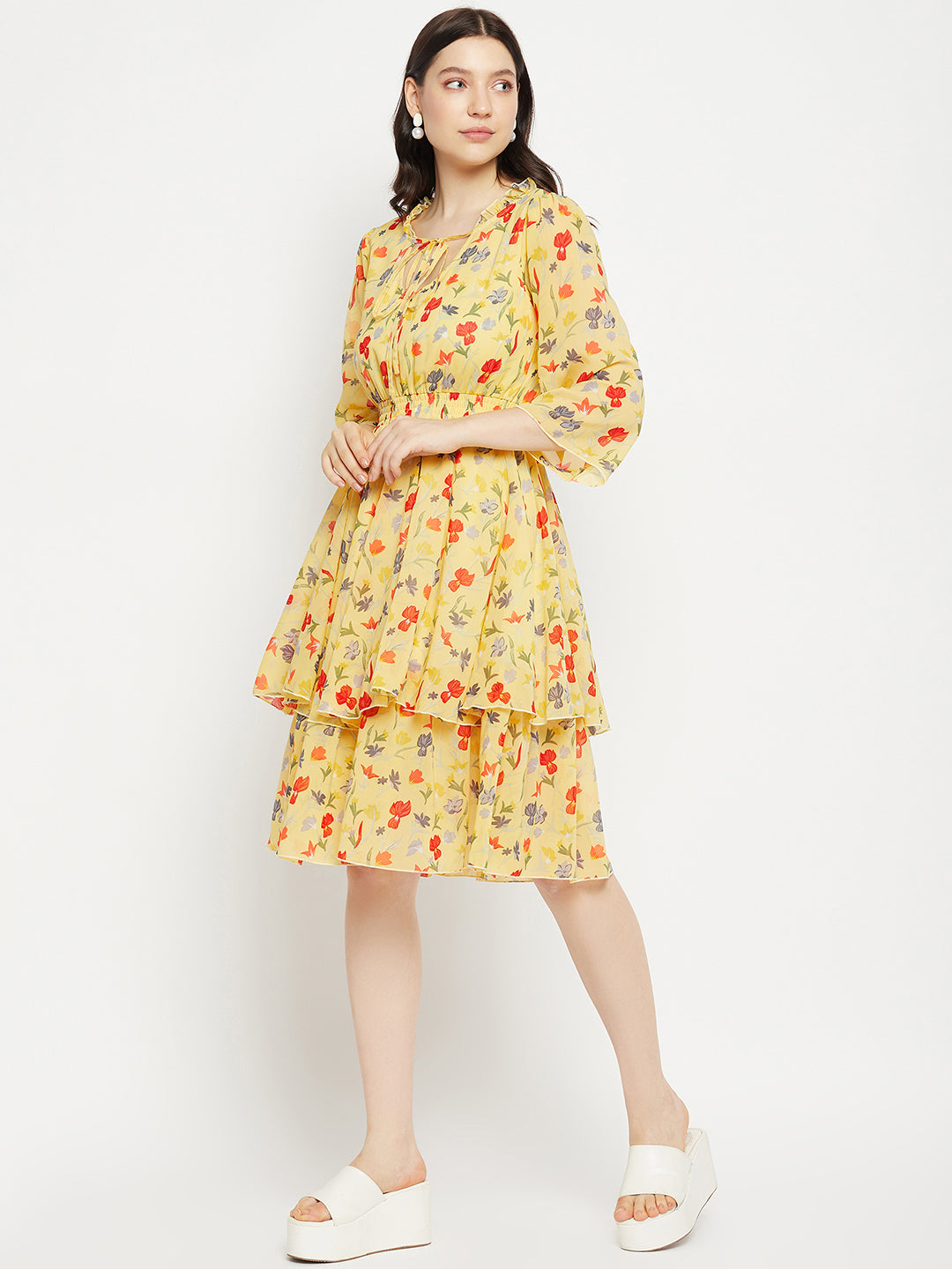 Floral Printed Tie-Up Neck Layered Fit & Flare Dress