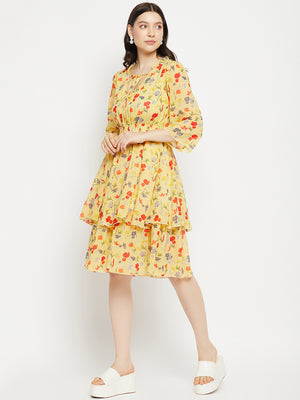 Floral Printed Tie-Up Neck Layered Fit & Flare Dress