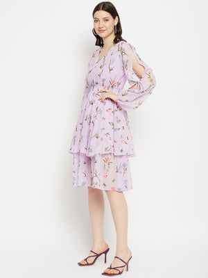 Floral Printed Puff Sleeves Fringed Layered Fit & Flare Dress