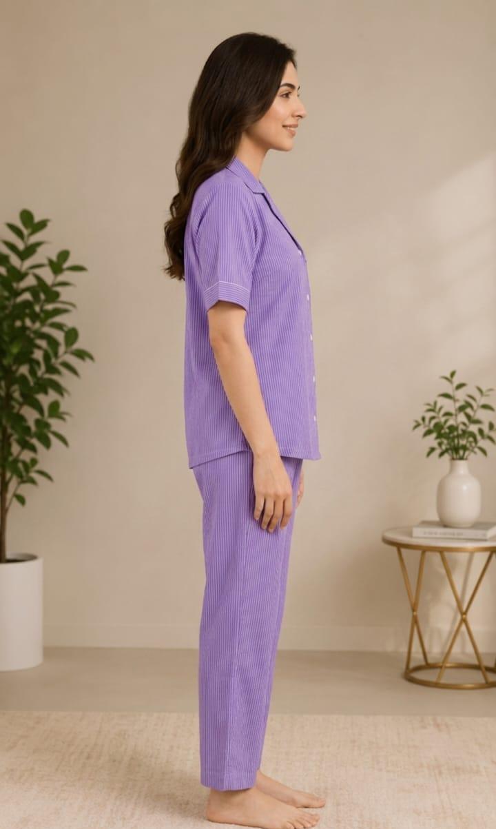 Women Purple Striped Cotton Night Suit Set
