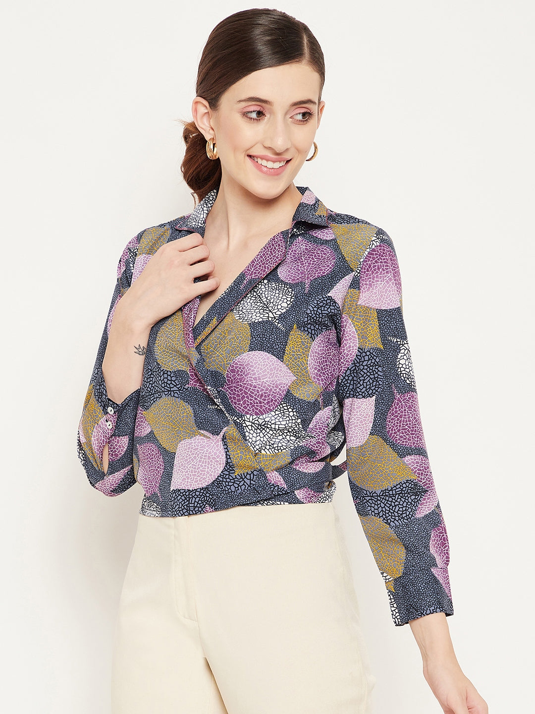 Navy Blue Floral Print Crepe Wrap Top