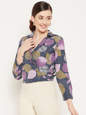 Navy Blue Floral Print Crepe Wrap Top