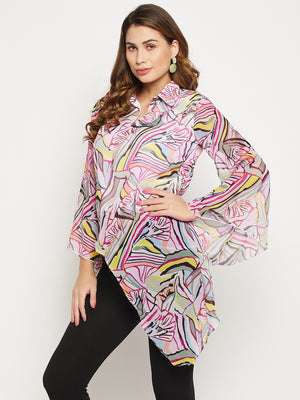 Printed Shirt Collar Long Sleeves Tunic