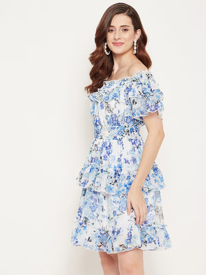 White & Blue Floral Off-Shoulder Georgette Dress