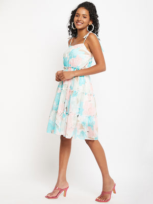 Multicolored Floral Print Layered Georgette Fit & Flare Dress