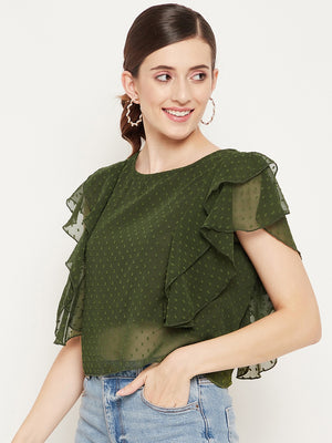 Women Olive Green Self Design Ruffles Georgette Top