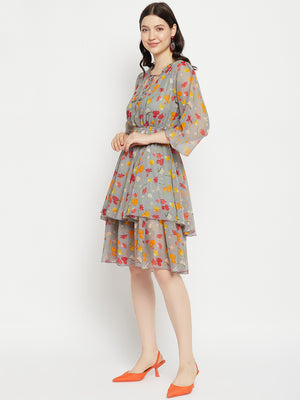Floral Printed Tie-Up Neck Layered Fit & Flare Dress