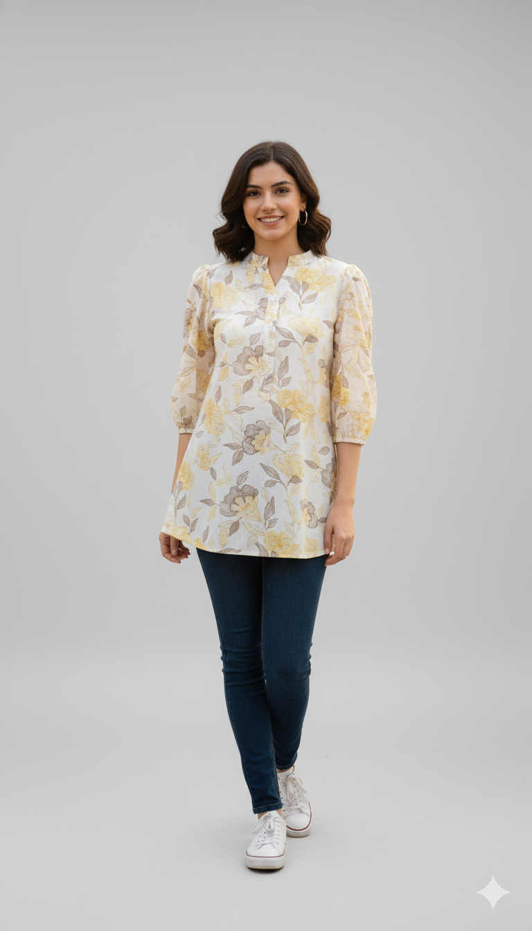 Women Floral Printed Mandarin Collar Puff Sleeve Top