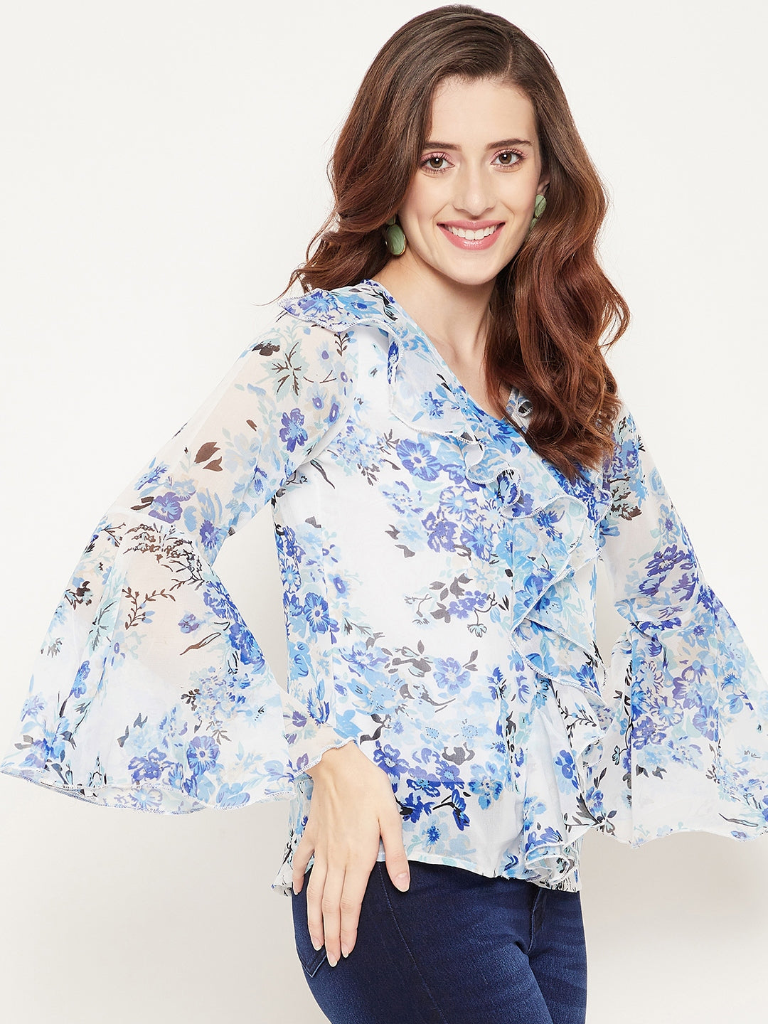 Women White & Blue Floral Print Georgette Top