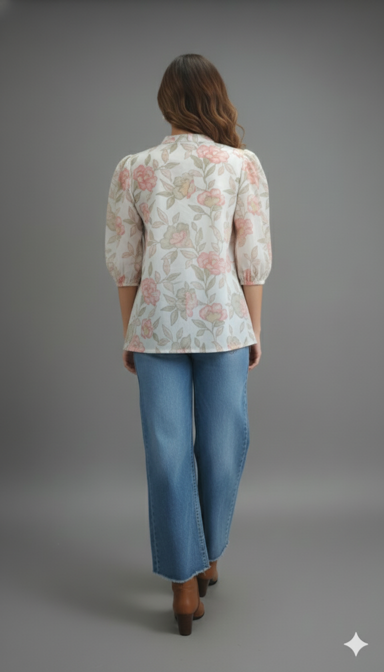 Women Floral Printed Mandarin Collar Puff Sleeve Top