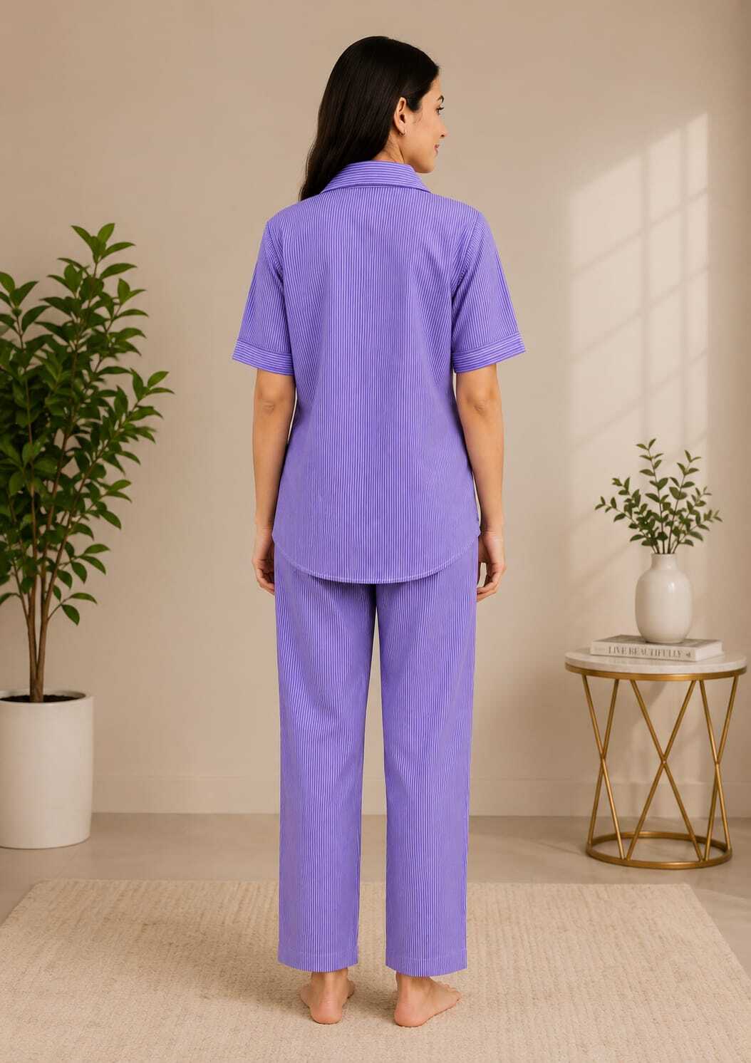 Women Purple Striped Cotton Night Suit Set