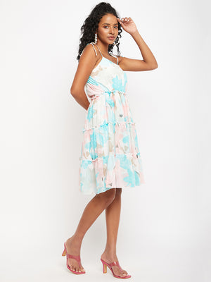 Multicolored Floral Print Layered Georgette Fit & Flare Dress