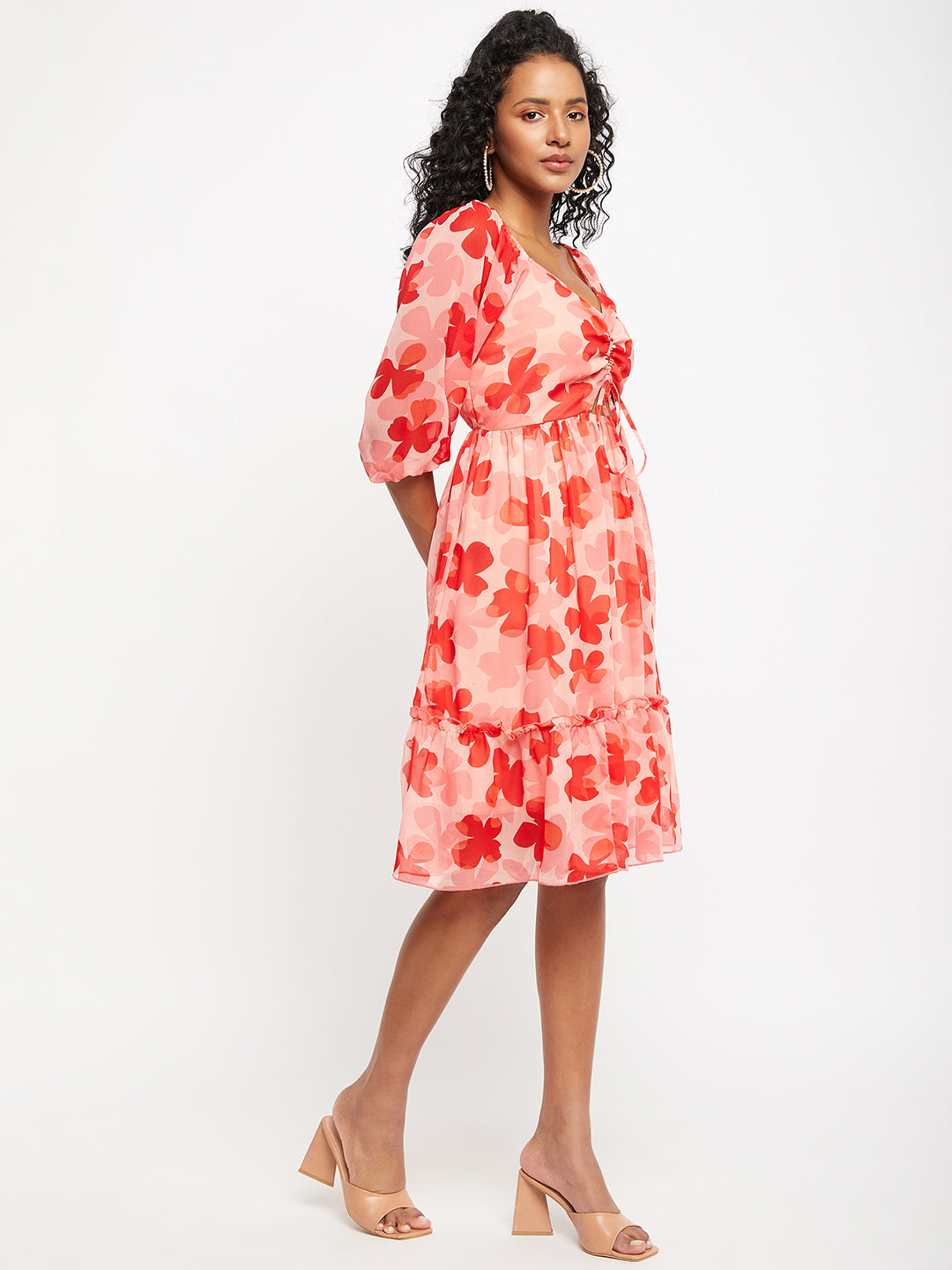 Floral Printed Puff Sleeves Cut-Out Detailed Ruched Fit & Flare Dress