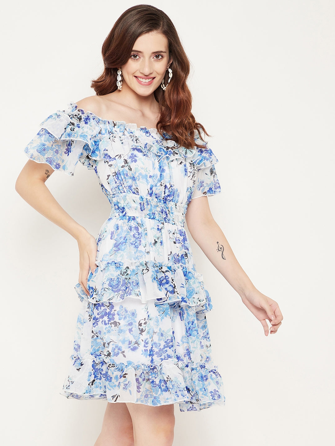 White & Blue Floral Off-Shoulder Georgette Dress