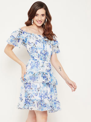 White & Blue Floral Off-Shoulder Georgette Dress