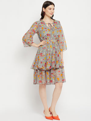 Floral Printed Tie-Up Neck Layered Fit & Flare Dress