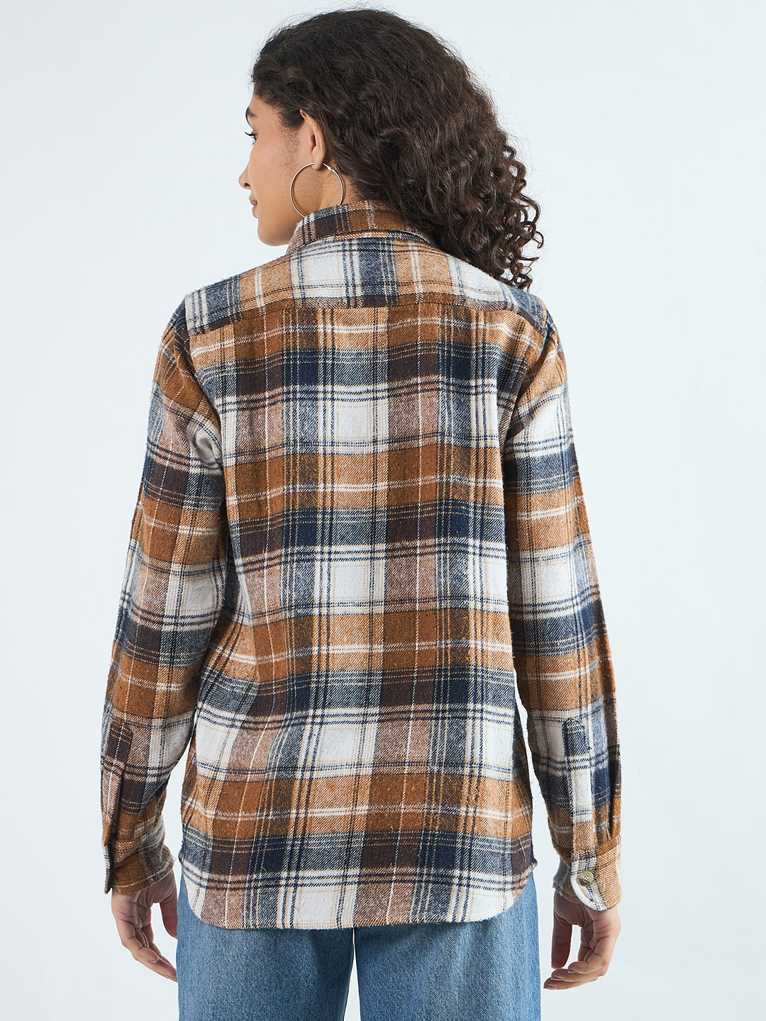 Blue Checked Casual Cotton Shirtshirts for women