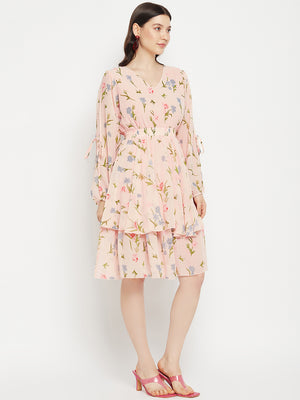 Floral Printed Puff Sleeves Fringed Layered Fit & Flare Dress