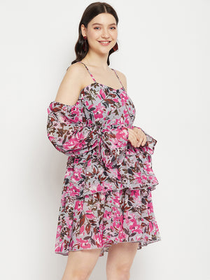 Grey Floral Print Cold-Shoulder Layered Georgette A-Line Dress