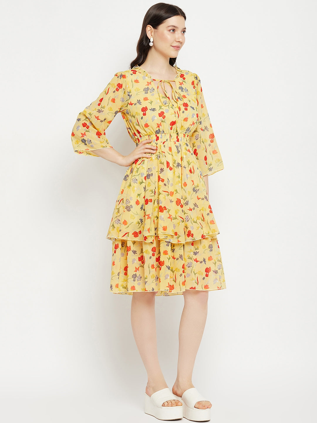 Floral Printed Tie-Up Neck Layered Fit & Flare Dress