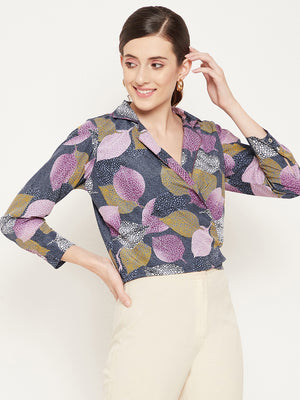 Navy Blue Floral Print Crepe Wrap Top