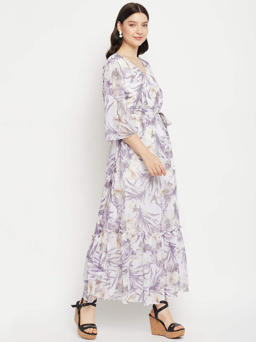 Floral Printed V-Neck Flared Sleeves Tie-Up Detailed Fit & Flare Maxi Dress