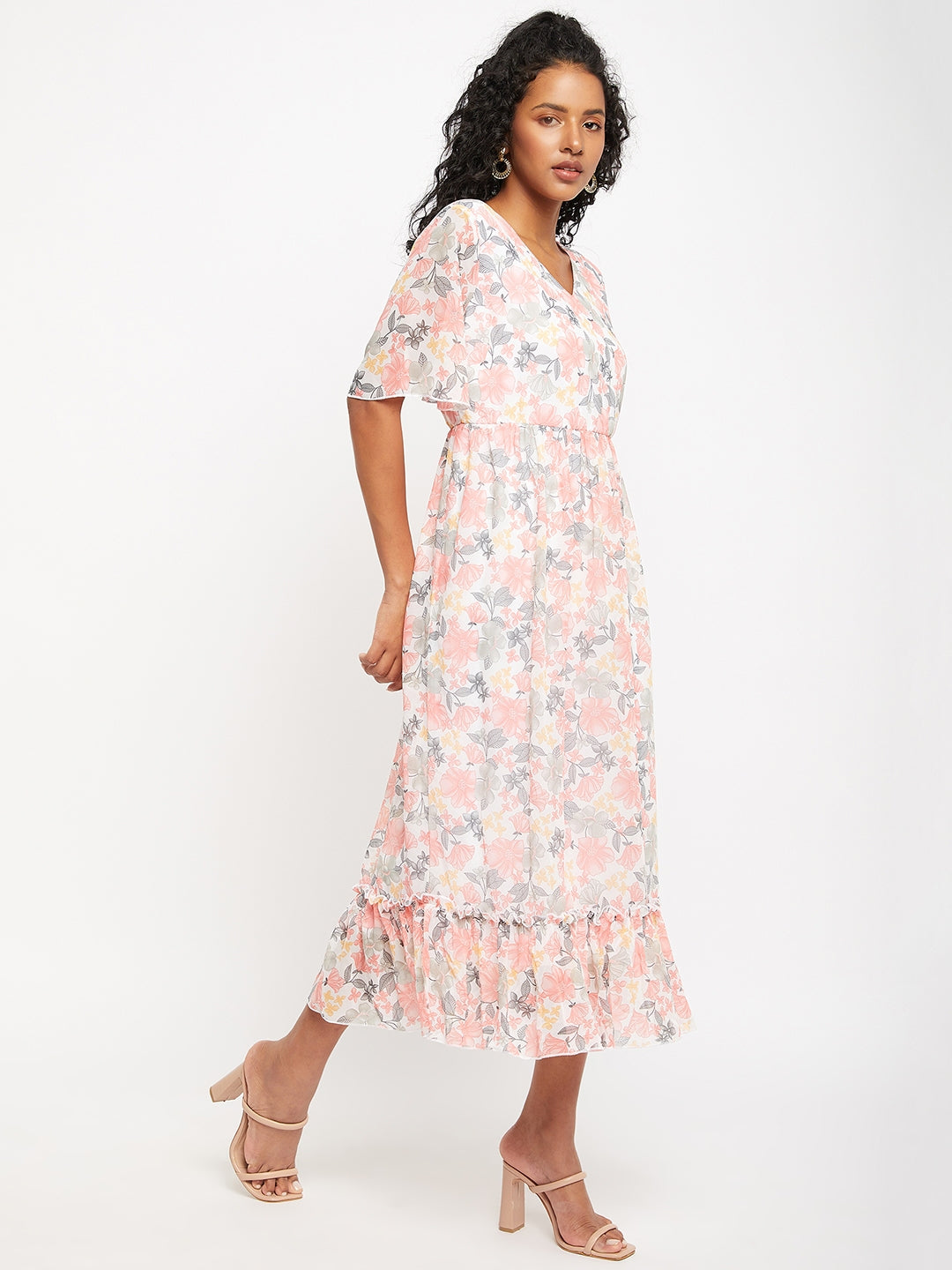 Floral Printed V-Neck Flared Sleeves Flounce Fit & Flare Midi Dress