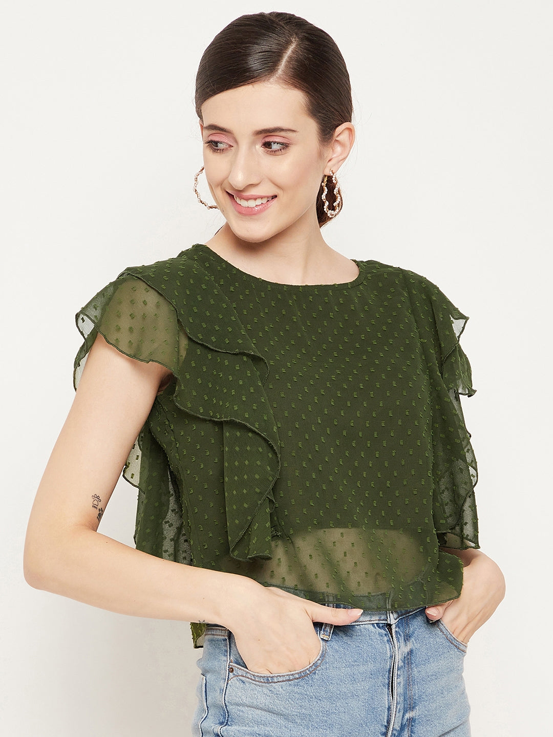 Women Olive Green Self Design Ruffles Georgette Top