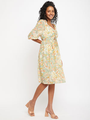 Floral Printed Tie-Ups Detail Georgette Fit & Flare Dress