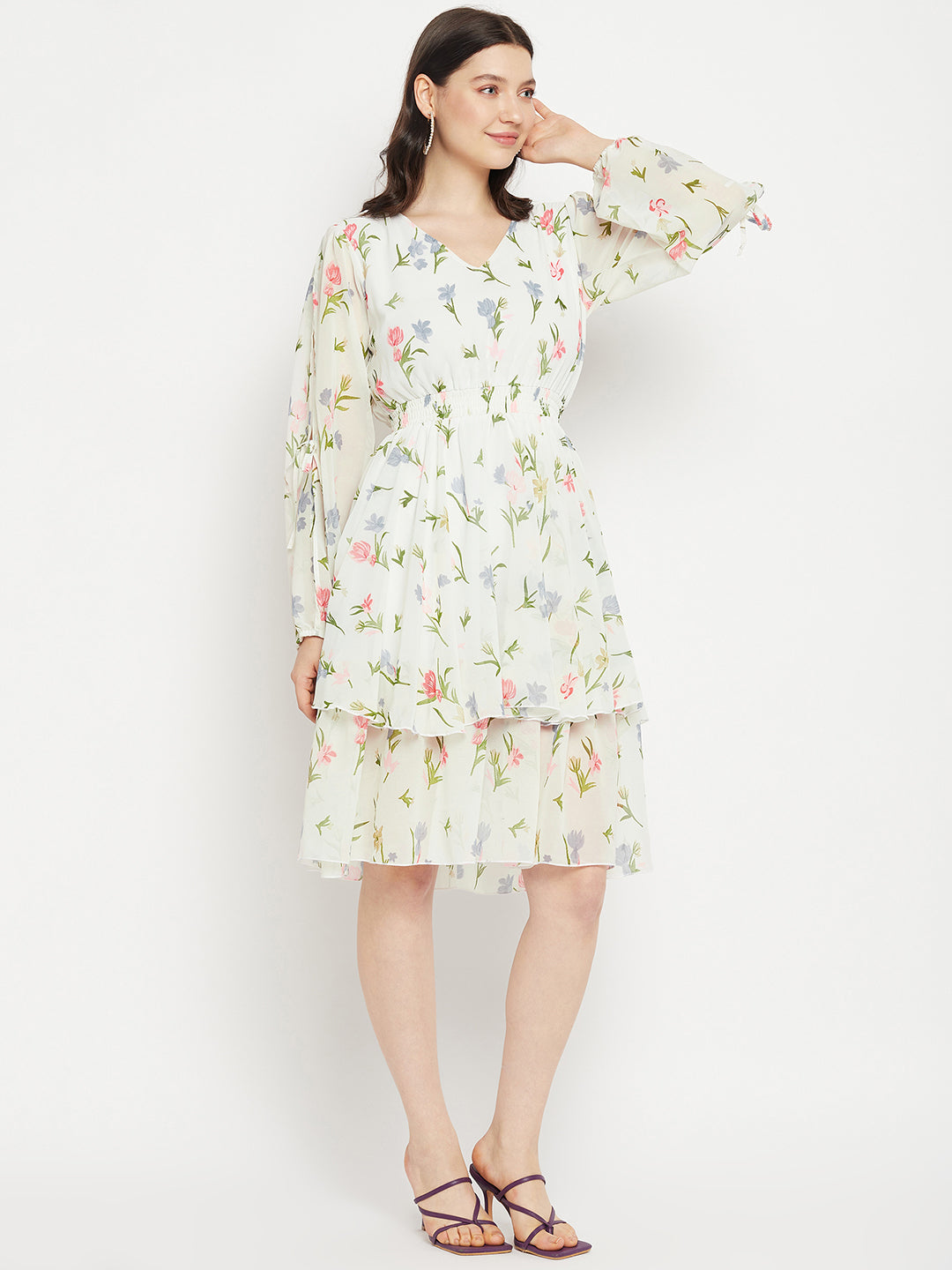 V Neck Floral Print Slit Sleeve Layered Georgette Fit & Flare Dress