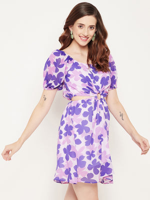 Purple Floral Off-Shoulder Georgette Dress