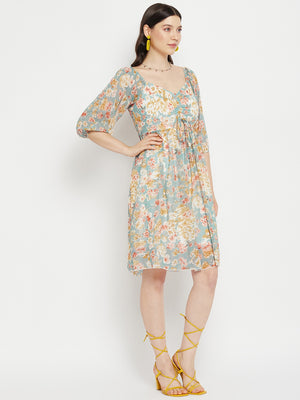 Floral Printed Puff Sleeves Cut-Out Detailed Ruched Fit & Flare Dress