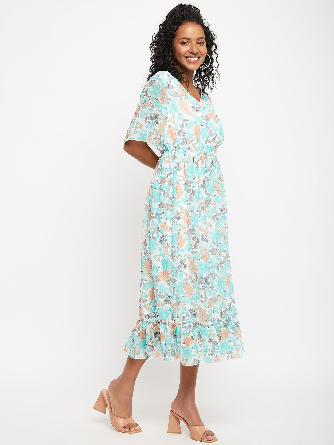 Floral Printed V-Neck Flared Sleeves Flounce Fit & Flare Midi Dress