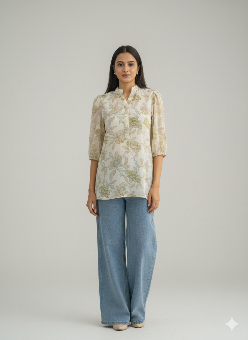 Women Floral Printed Mandarin Collar Puff Sleeve Top