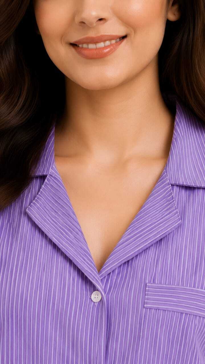 Women Purple Striped Cotton Night Suit Set
