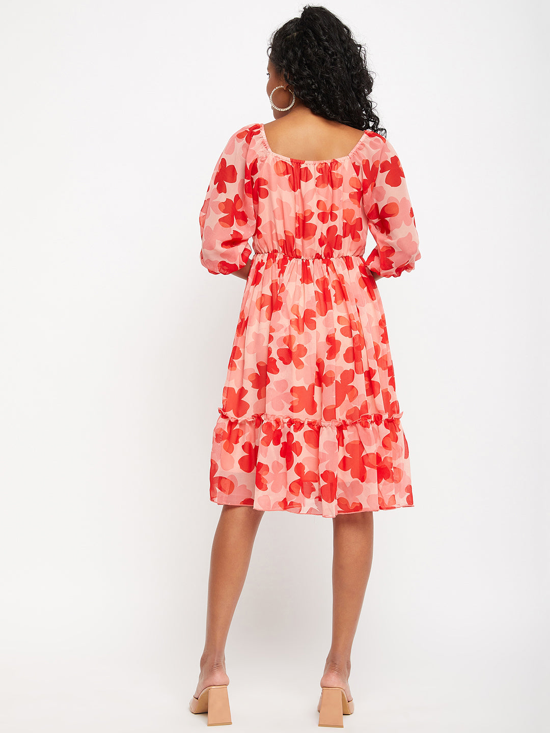 Floral Printed Puff Sleeves Cut-Out Detailed Ruched Fit & Flare Dress