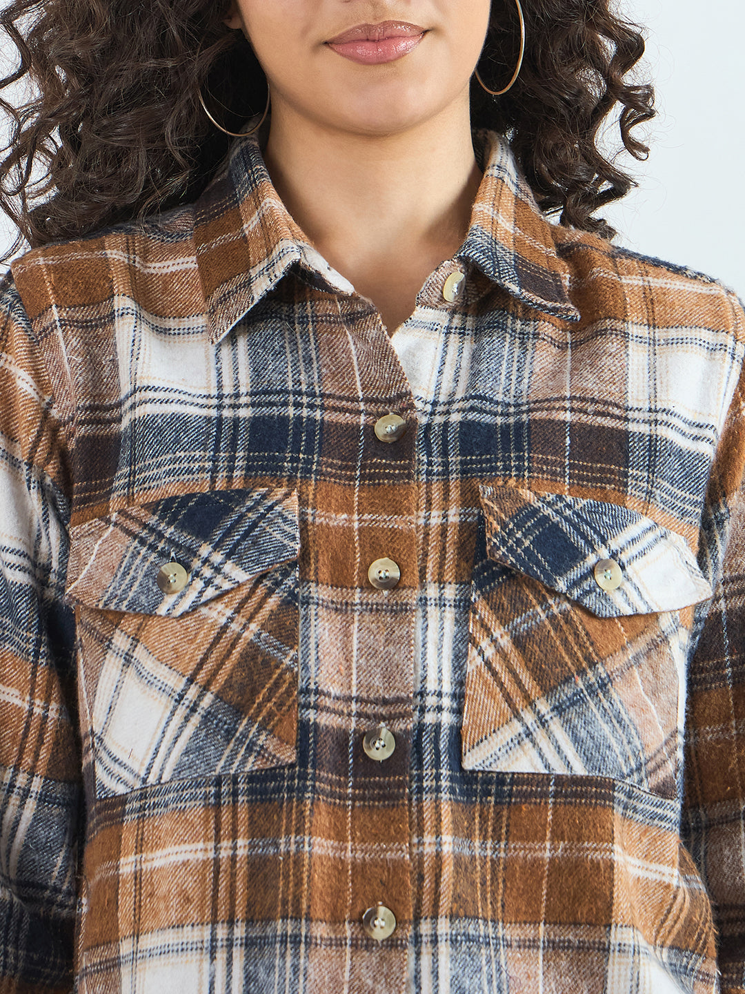 Blue Checked Casual Cotton Shirtshirts for women