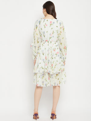 V Neck Floral Print Slit Sleeve Layered Georgette Fit & Flare Dress