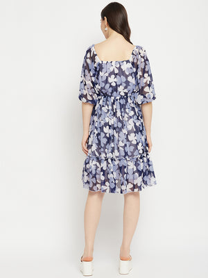 Floral Printed Tie-Ups Detail Georgette Fit & Flare Dress