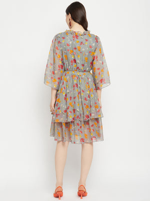 Floral Printed Tie-Up Neck Layered Fit & Flare Dress