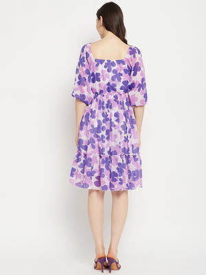 Floral Printed Tie-Ups Detail Georgette Fit & Flare Dress