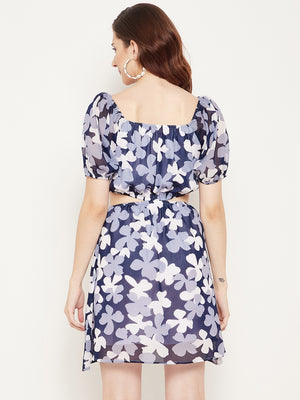 Blue Floral Off-Shoulder Georgette Dress