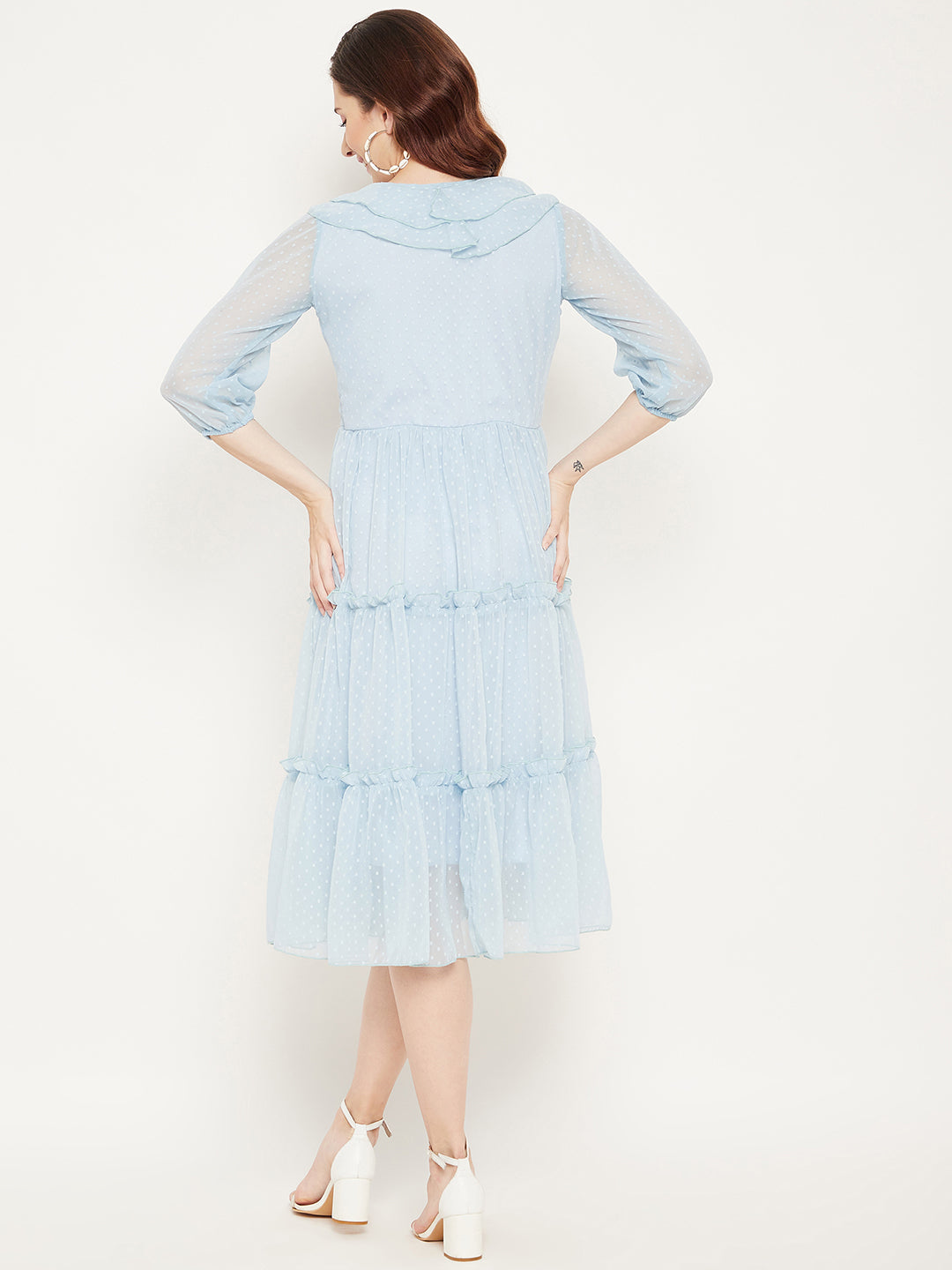 Blue Striped Georgette A-Line Midi Dress