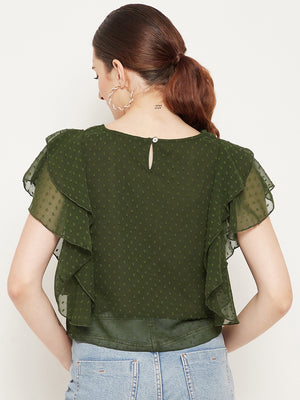 Women Olive Green Self Design Ruffles Georgette Top