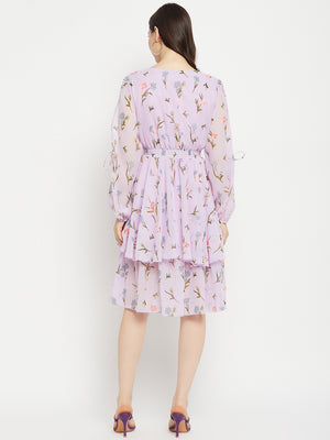 Floral Printed Puff Sleeves Fringed Layered Fit & Flare Dress