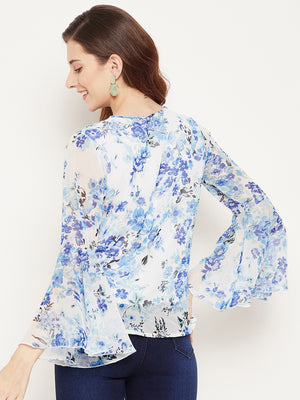 Women White & Blue Floral Print Georgette Top