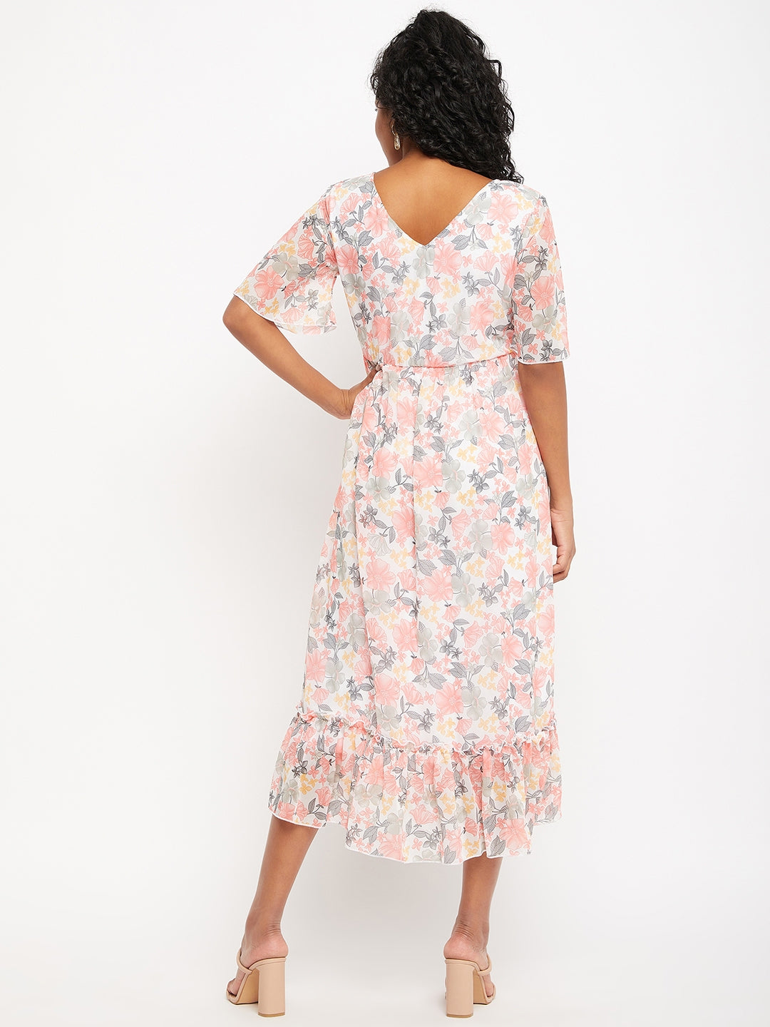 Floral Printed V-Neck Flared Sleeves Flounce Fit & Flare Midi Dress