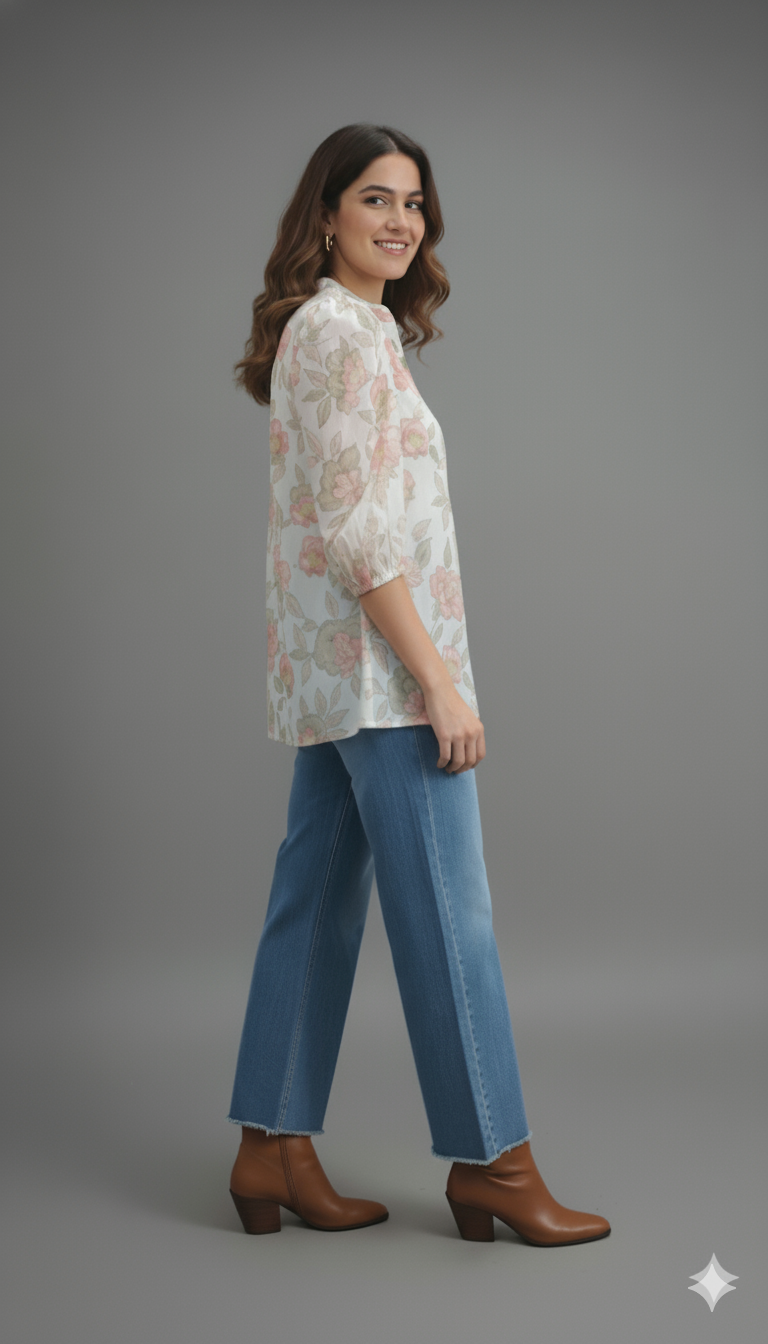 Women Floral Printed Mandarin Collar Puff Sleeve Top