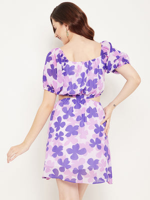 Purple Floral Off-Shoulder Georgette Dress