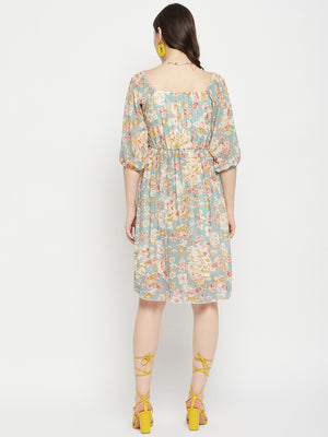 Floral Printed Puff Sleeves Cut-Out Detailed Ruched Fit & Flare Dress